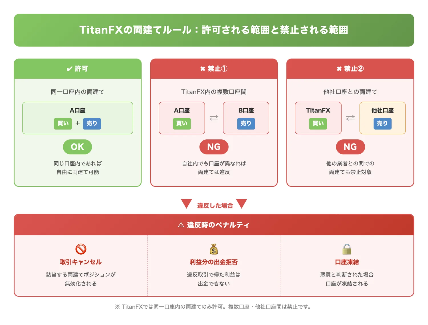 TitanFXの両建てルール：許可される範囲と禁止される範囲（同一口座内の両建て（許可）と複数口座間の両建て（禁止）の違いを明確に対比する）