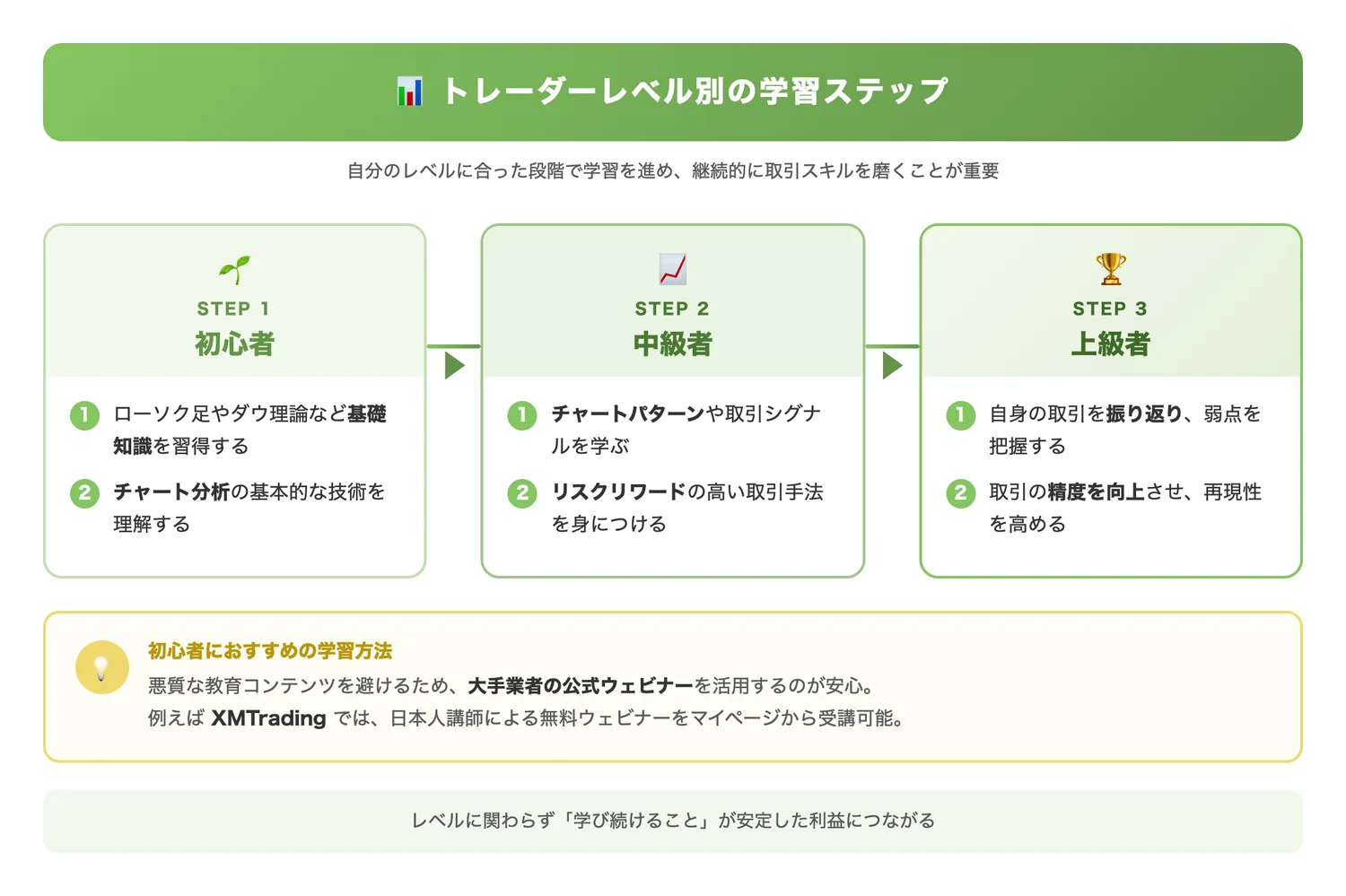 トレーダーレベル別の学習ステップ（初心者・中級者・上級者それぞれが学ぶべき内容をステップ形式で整理し、段階的な学習の全体像を示す）
