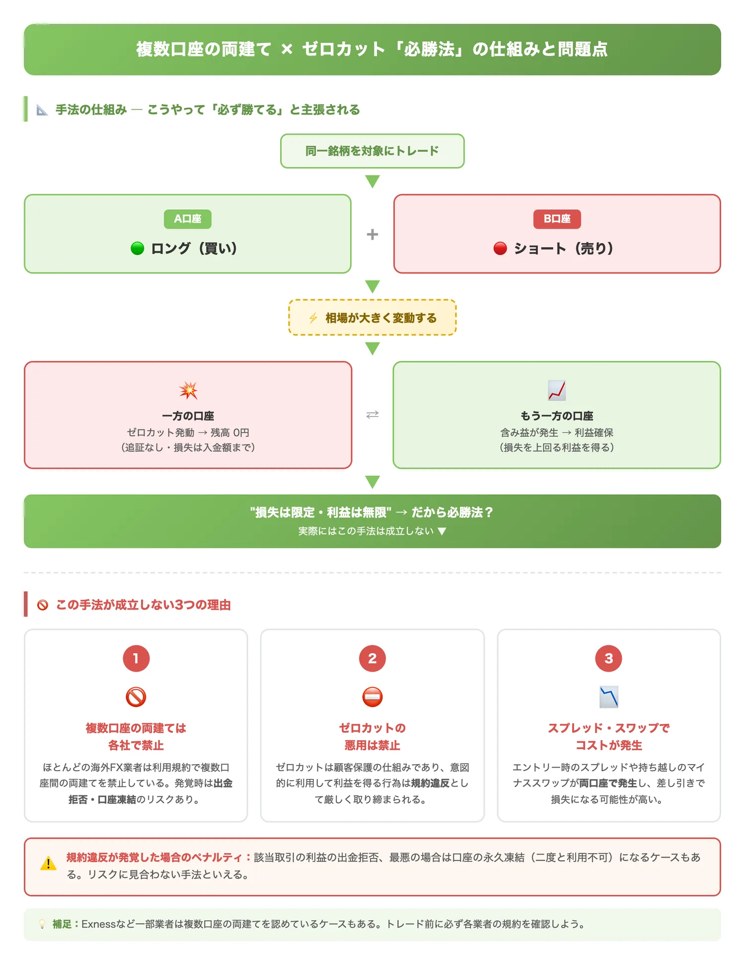 複数口座の両建て×ゼロカット「必勝法」の仕組みと問題点（必勝法と呼ばれる両建て＋ゼロカット手法の仕組みと、それが成立しない3つの理由を一目で理解させる）