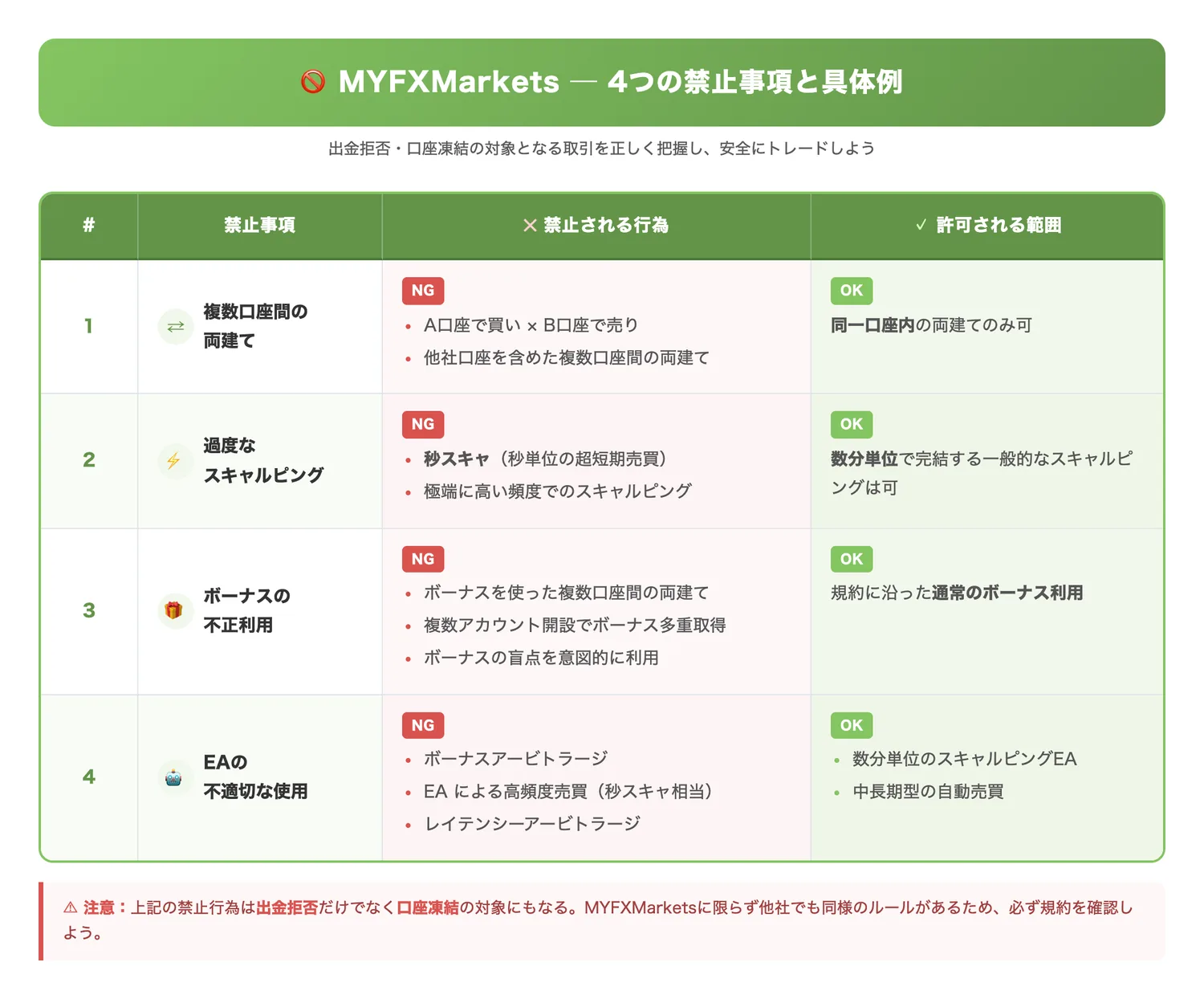 MYFXMarketsの4つの禁止事項と具体例（出金拒否の対象となる4つの禁止事項それぞれの内容と境界線を一覧で明確にする）